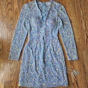 Ashley Lauren blue seqin fitted short dress with lace up bustier. style no. 4512